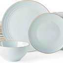 Famiware Jupiter 24-Piece Stoneware Dinnerware Set, Handcrafted Plates and Bowls with Speckles & Embossed Swirls, Chip/Scratch Resistant, Microwave/Dishwasher Safe, Rustic Dishes, Service for 8, Blue