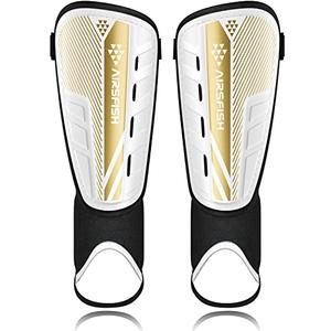 Upgraded Soccer Shin Guards for Kids Youth Adults, CE Certified AirsFish Shin Guard Sleeves Protection Gear for Boys Girls Soccer Games EVA Cushion Reduce Shocks and Injuries (Medium, White+Gold)