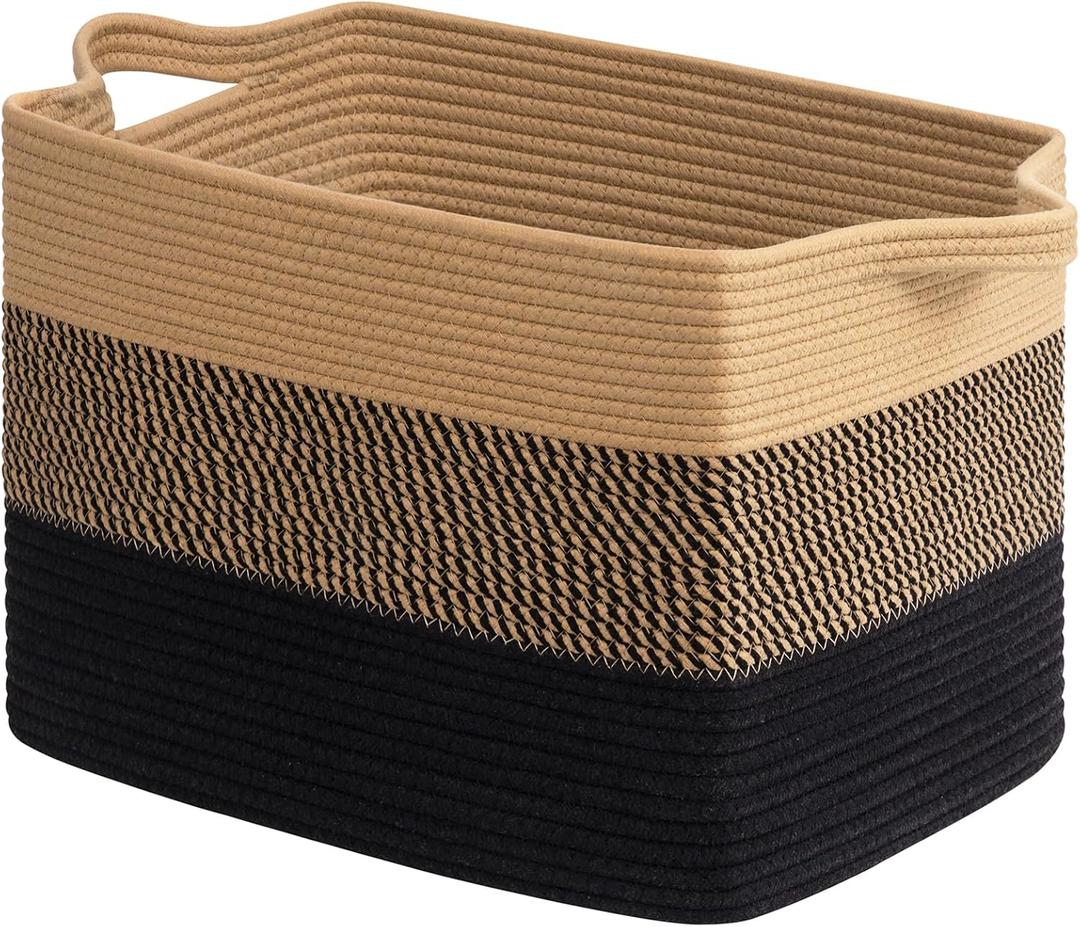 Goodpick Large Woven Basket 18" x 14" x 12" Cotton Rope Storage Baskets for Organizing, Rectangle Wicker Laundry Basket with Handles, Toy Baskets for Kids, Black & Jute