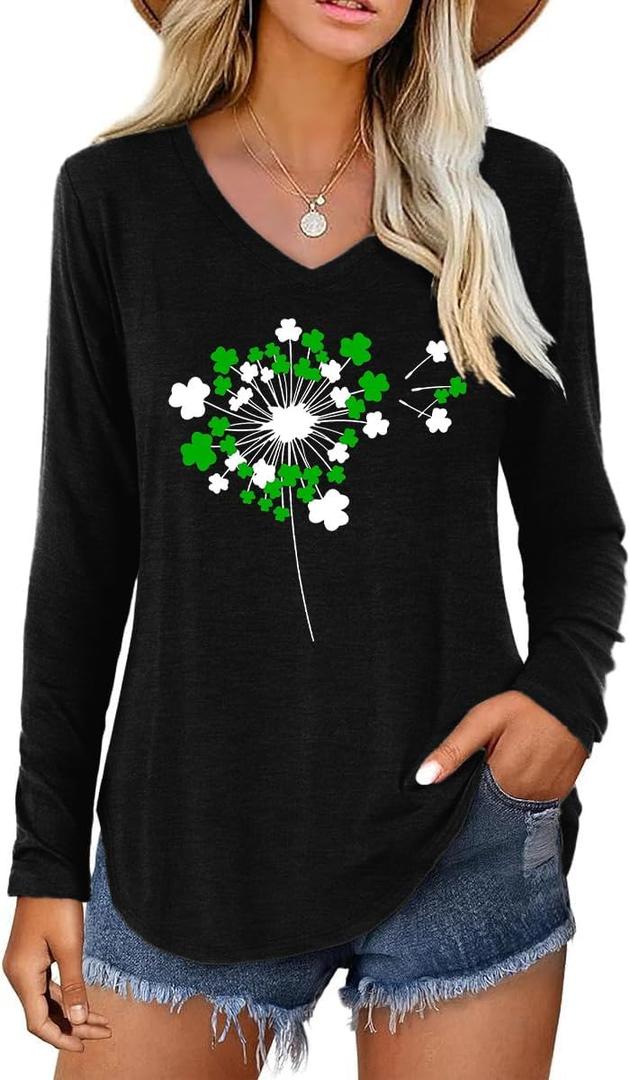 St. Patrick's Day Shirt for Women Funny Lucky Shamrock Irish Graphic Long Sleeve Tee Casual Loose Fit Spring Tops (Black-Dandelion) 2XL 