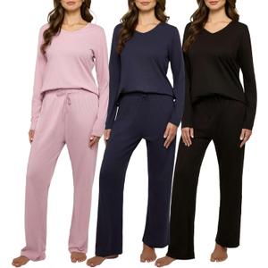 Real Essentials 3 Pack Women's Soft Cotton Long Sleeve Pajama Set with Pants - Lounge Sets for Women (XX-Large)