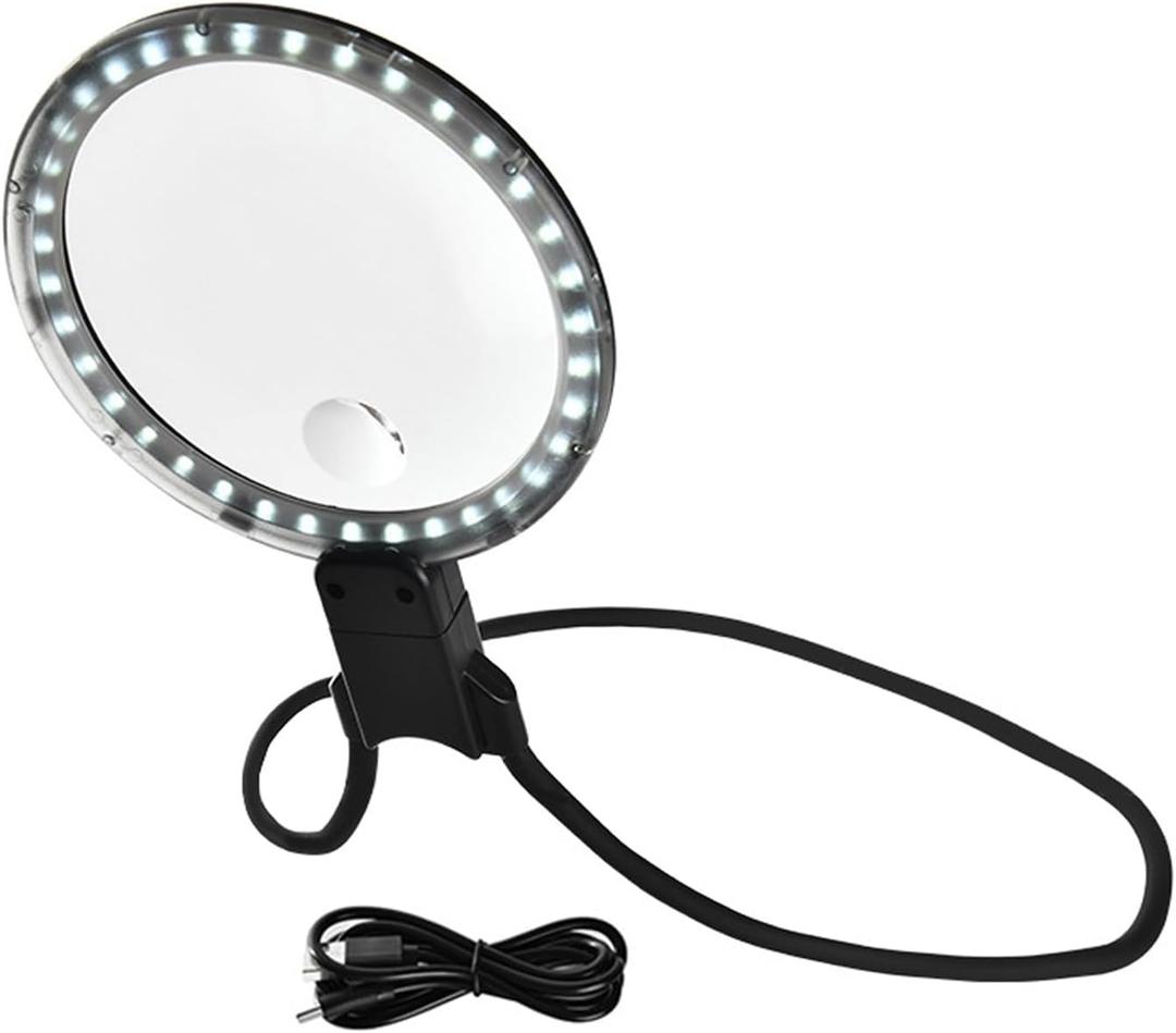 Lighted Magnifier Glass with Stand Neck Worn Large Lens Hands Frees Magnification Glass for Reading Sewing