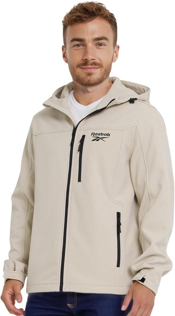 Reebok Waterproof Soft Shell Rain Jacket Men - Rain Coat, Softshell Windbreaker with Hood (XX-Large, Stucco)