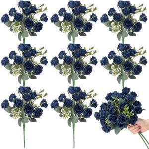 Zeyune 8 Pack 12 Inch Dark Blue Roses Artificial Flowers 80 Heads Artificial Rose Bouquet with Long Stem for Party Garden Centerpieces DIY Wedding Bouquets