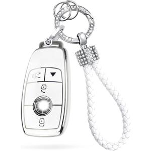 for Mercedes Key Fob Cover with Diamond Keychain,Fit for Benz A-Class C-Class G-Class 2017-2020 E-Class S-Class 3 4 Button Smart Remote