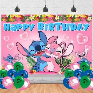 Pink Stittch Birthday Decorations,Pink and Blue Backdrops for Party Decorations Supplies,Anime Happy Birthday Banner Backdrop for Party Supplies (5x3ft)