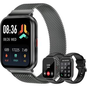 Smart Watches for Women Men (Answer/Make Calls, 3 Bands), 1.85" Fitness Tracker Watch for iPhone/Android Phones with Heart Rate Monitor Sleep/Steps Tracker 100+ Sports Pedometer Waterproof (Black)