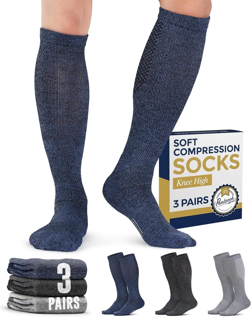 Pembrook Light Compression Socks for Men & Women - 3 Pairs | 8-15 mmhg Compression Dress Socks for Men | Support Socks (Large, Navy, Gray, Dark Gray)