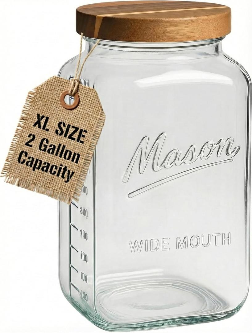 kitchentoolz 2 Gallon Glass Mason Jar with Airtight Wooden Lid  Wide Mouth Square Storage Container with Measurement Marks  Ideal for Pantry Organization, Dry Goods & Food Prep (Pack of 1)