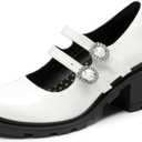 DREAM PAIRS Mary Jane Shoes for Girls Platform School Uniform Party Chunky Dress Heel Double Straps Flats for Little Big Kid (White, Size: 12 Little Kid)
