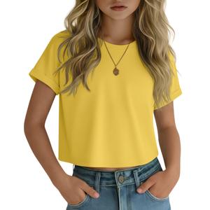 YooAurvox Girls Crop Top Short Sleeve Summer T Shirt Kids Crew Neck Causal Rolled Cuffs Athletic Teen Cute Shirt 5-14 Years(5-6 Years,Yellow)