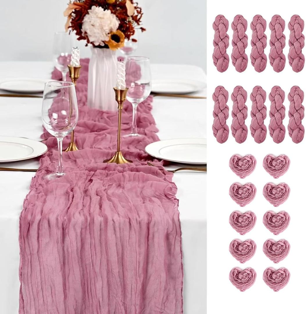 10PCS Dusty Rose Cheesecloth Table Runner 10ft Boho Gauze Fabric Cheese Cloth Table Runner Comes with 10 Cloth Napkins Runner for Romantic Wedding Birthday Shower Party Table Decoration