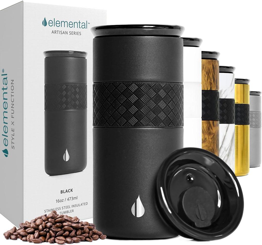 Elemental Artisan Insulated Tumbler, Triple Wall Coffee Travel Mug, Reusable Stainless Steel Coffee Tumbler with Ceramic Lid, Thermal Coffee Cups for Hot (6 Hrs) & Cold (18 Hrs), 16oz - Black