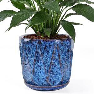10 Inch Ceramic Plant Pot with Drainage Hole Mesh Net, Large Flower Pots for Indoor Plants with Saucer, Gardening Pots Outdoor, Blue