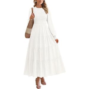 PRETTYGARDEN Women's Long Sleeve Spring Maxi Dresses 2026 Casual Smocked Trim Neck Swiss Dot Flowy Formal Wedding Guest Dress ( M , White)