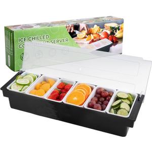 WICHEMI Fruit, Veggie & Condiment Caddy with Lid Dispenser Tray Plastic Garnish Station for Bartending & Serving Taco, Ice Cream, Salad Bar - Topping Organizer for Restaurant Supplies (6 Compartment)