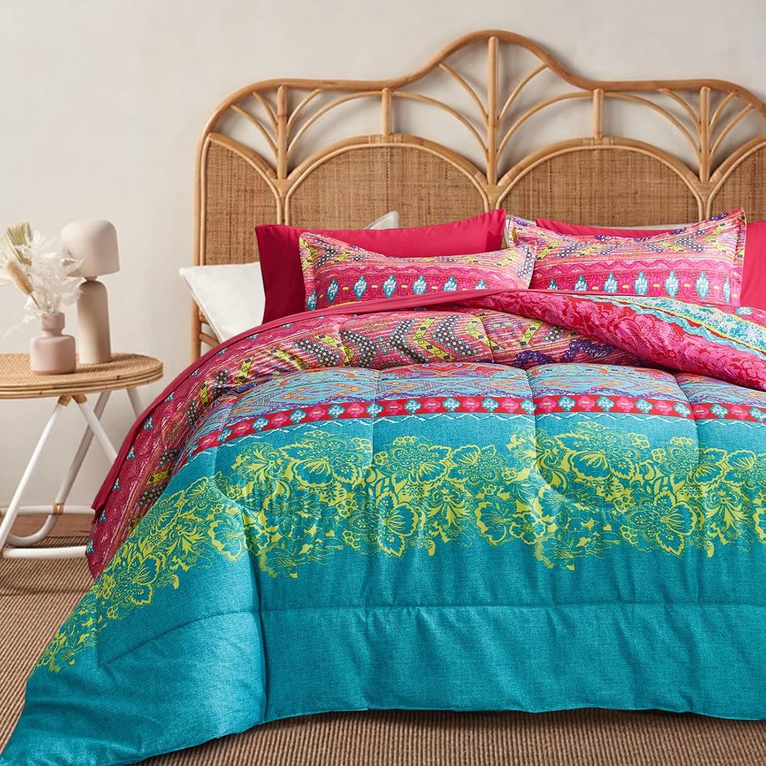 Flysheep Boho Bed in a Bag 7 Pieces Queen Size, Colorful Bohemian Tribal Style Pink n Blue Floral Reversible Comforter Set (1 Comforter, 1 Flat Sheet, 1 Fitted Sheet, 2 Pillow Shams, 2 Pillowcases) (Boho-rose Red)
