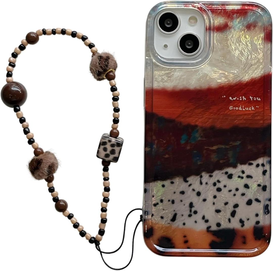 for iPhone 16promax/15pro/14/13 caseArtistic iPhone Case with Beaded Strap, Marbled Resin Design, Wish You Good Luck Quote (Beaded Strap+Phone case, iphone13)