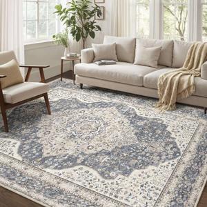Washable Rug 9x12 Area Rugs for Living Room Bedroom Dining Room Home Office Floor Decor -Stain & Fade Resistant Non Slip Backing Carpet,Ultra-Thin Vintage Large Carpets (Blue/Beige,9'x12')