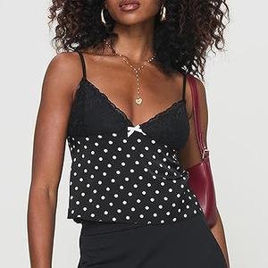Women Polka Dot Cami Shirt Y2K Lace Trim Spaghetti Strap Tank Top Sexy Going Out Crop Tops S