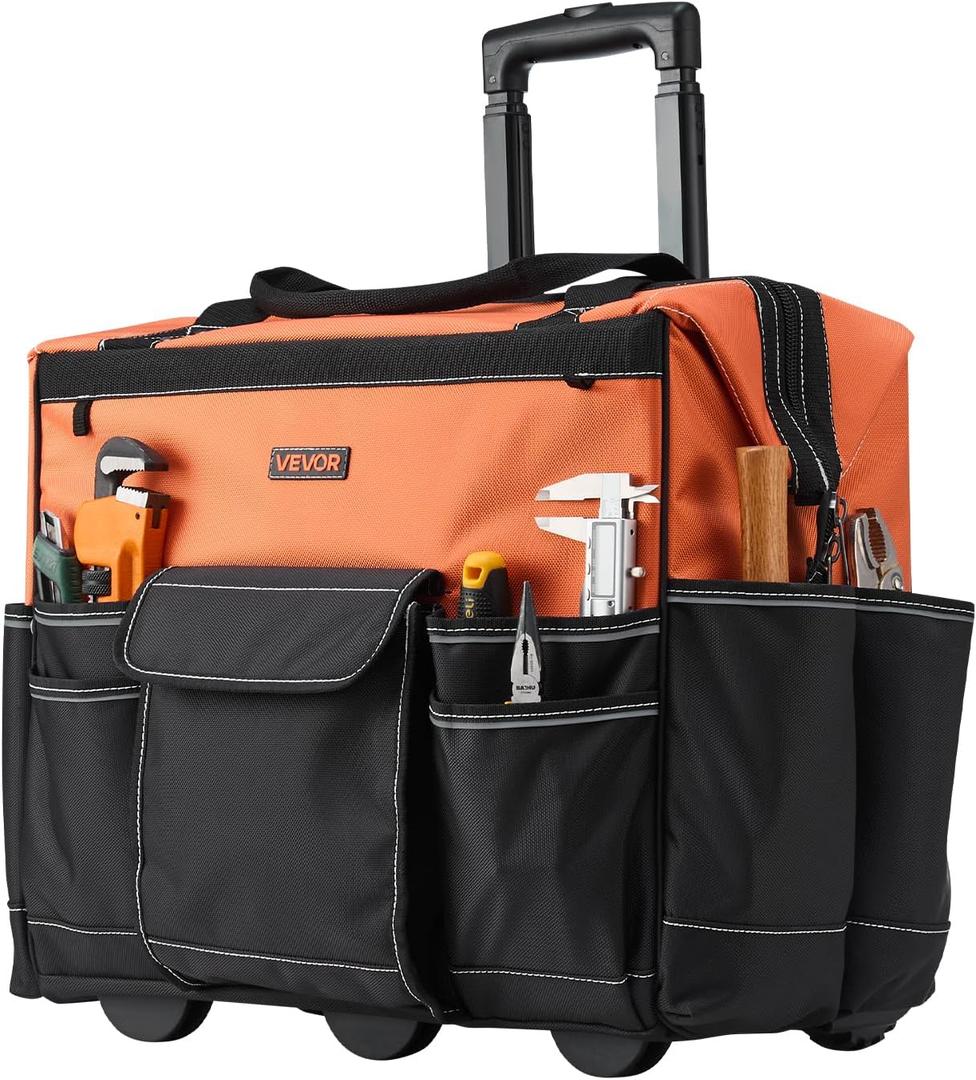 VEVOR 20" Rolling Tool Bag, 110 lbs Load Capacity, 27 Pockets Heavy Duty Roller Tool Bag on Wheels, Adjustable Telescoping Handle & Stable Base, Toolbag Organizers w/Wheels for Construction, Mechanic