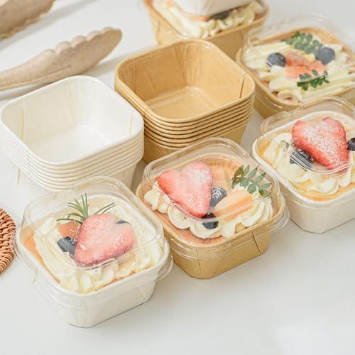 Roppolo 48 Pcs 5 Oz Baking Pans with Clear Lid, 2.5 x 2.5 Inch White Paper Square Cupcake Cups, Mousse Cake Liner, Disposable Container For Oven