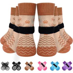 EXPAWLORER 6Pcs Anti Slip Dog Socks to Prevent Licking Paws, Dog Shoes for Hot Pavement Double Sides Dog Boots & Paw Protectors Booties for Hardwood Floors with Grip Small Medium Large Senior Dogs, L (Brown)