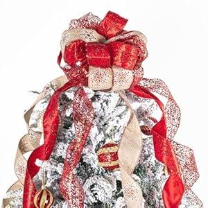 Champagne Gold Glitter Christmas Tree Topper Bow 11 Inch with 6 Ribbon Tails 3 Yards Long Wired Ribbon for Holiday Easy Style Party Decoration
