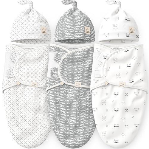 KeaBabies 3-Pack Swaddles for Newborns, Girls, Boys with Hats - Organic Soft Baby Sleep Sacks, Breathable Baby Swaddle 3-6 Months Beanies Set, Premie Infant Sleep Sack 0-3 Months (Nordic)