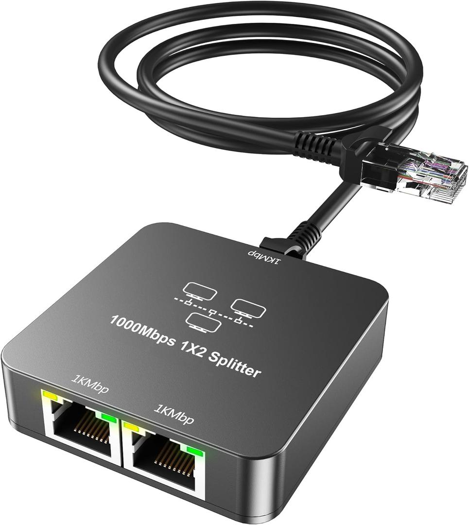 Ethernet Splitter 1 to 2 Out with Cat 6 Ethernet Cable, 1000Mbps High Speed, RJ45 Splitter, Gigabit Internet Splitter Connector for Cat 5/5e/6/7/8 Cable, Gray