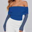 BTFBM Women's Long Sleeve Shirts 2025 Fall Crop Going Out Tops Mesh Ruched Casual Off Shoulder Blouses Y2K Clothes (Blue, XL)