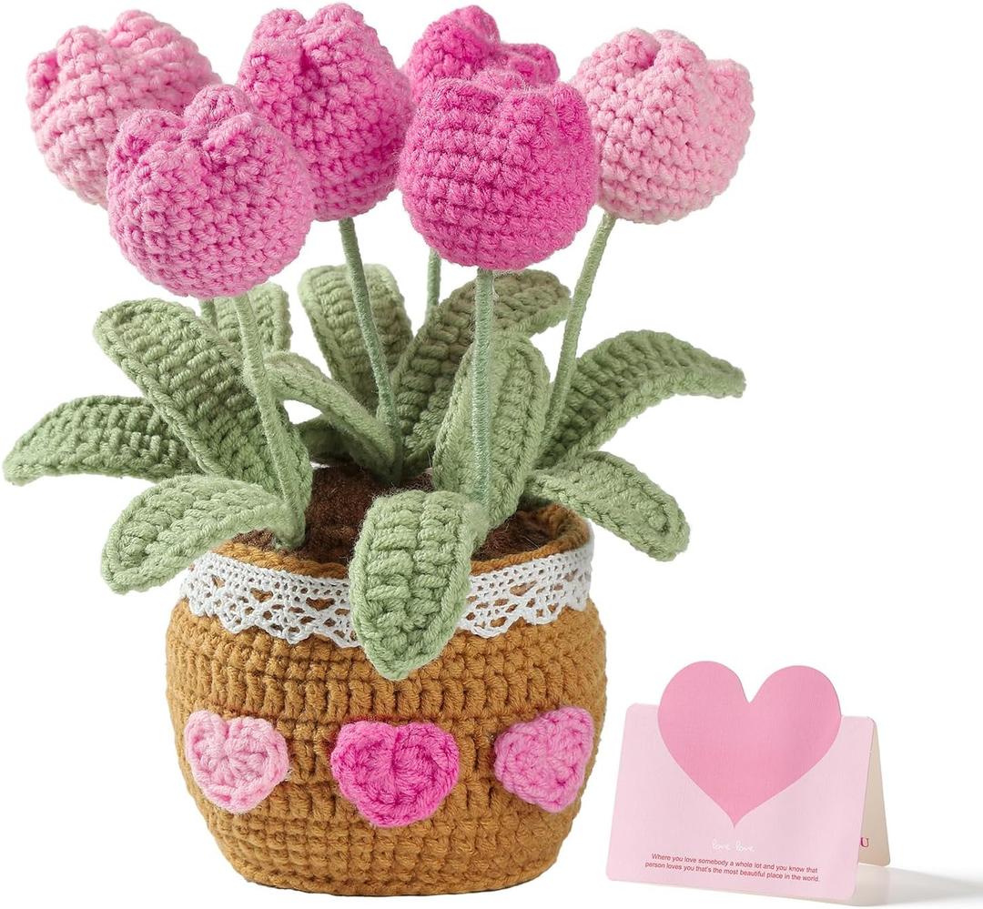 Teacher Appreciation Gifts Crochet Flowers Tulips Thank You Gift for Women Retirement Graduation Gifts Home Desk Decor (Pink)