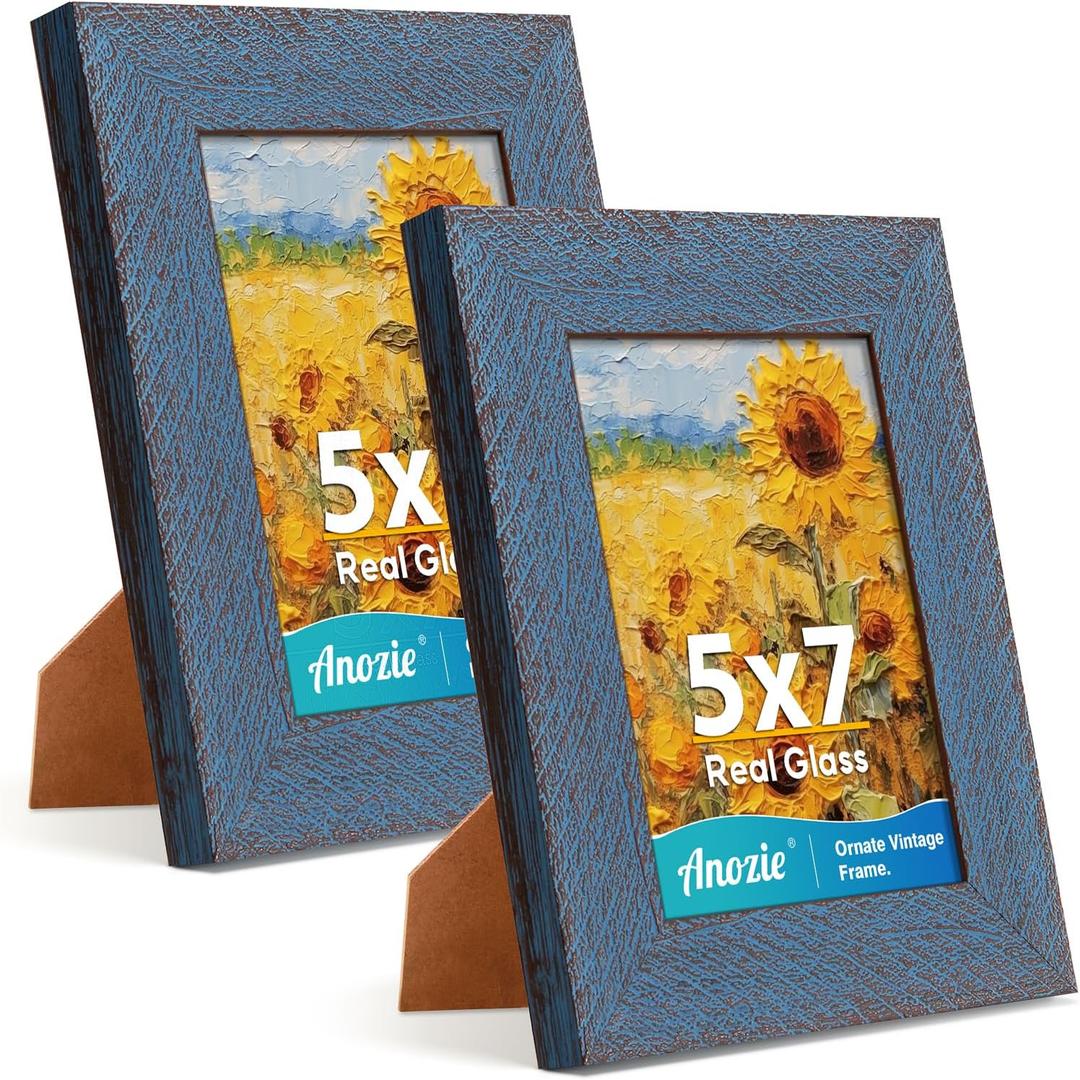 5x7 Picture Frame, 2 Pack Vintage Picture Frames 5x7 Real Glass for Wall and Tabletop Display, Rustic 5 x 7 Photo Frame Antique Blue, Widen Border