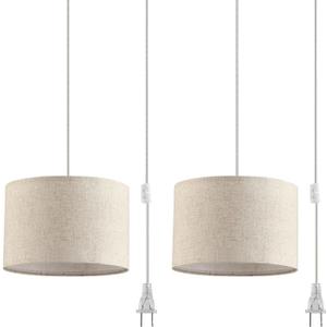 2 Pack Plug in Pendant Light, Hanging Light with 15Ft Clear Cord, On/Off Switch, Beige Linen Fabric Lamp Shade, Hanging Light Fixture for Bedroom, Kitchen, Living Room, Dining Table