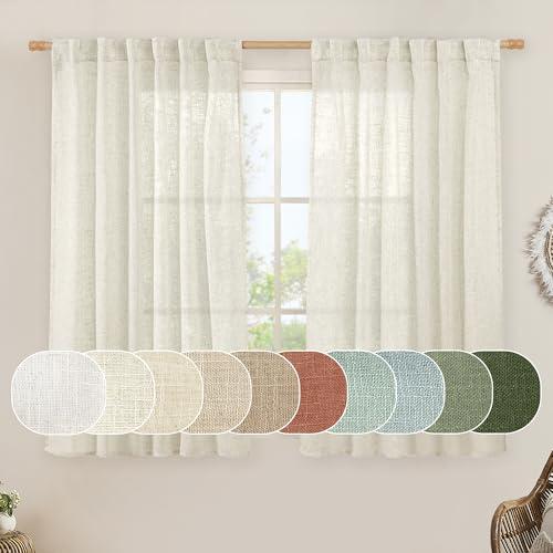 LAMIT Short Linen Curtains 45 Inches Long for Cafe 2 Panels, Cream Ivory Light Filtering Semi Sheer Panels Back Tab and Rod Pocket Neutral Drapes for Window/Loft Room, 52 x 45 Inch