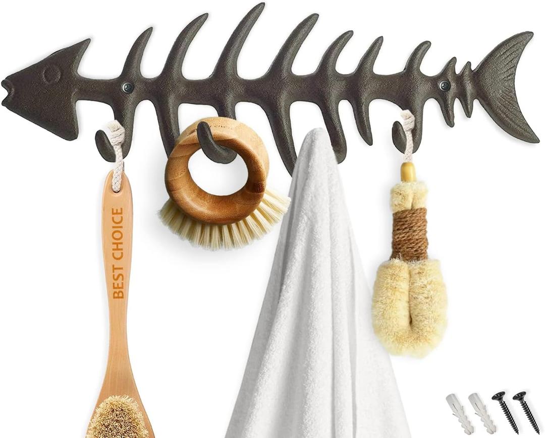 Comfify Fish Bones Wall Mounted Towel Rack Stylish Cast Iron Hanger with 4 Hooks for Towels, Robes, and More Includes Screws and Anchors Brown
