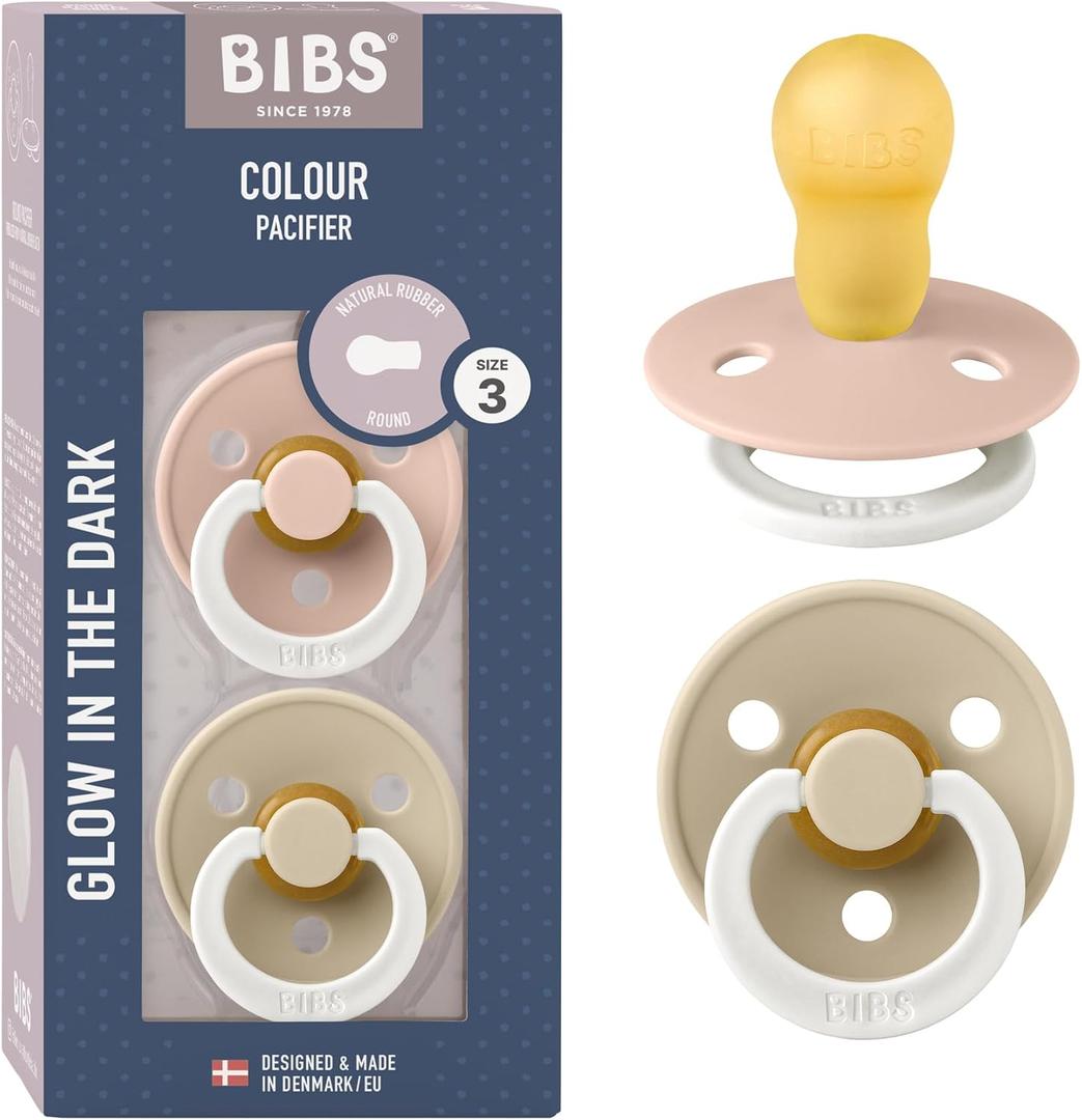 Bibs Pacifiers Color Collection, Set of 2 BPA-Free Latex Pacifiers Made in Europe, Round Nipple Baby Pacifier. (18+ Month (Pack of 2), Blush NIGHT / Vanilla NIGHT)