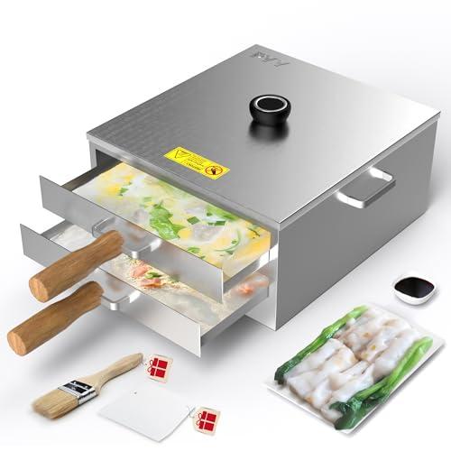 PYY 2-Layer Rice Noodle Roll Steamer - Top-Open Stainless Steel Design, Acrylic Handle & Matching Steam Tray, for Homemade Cantonese Cheung Fun, Works on Stove & Induction Cooktop
