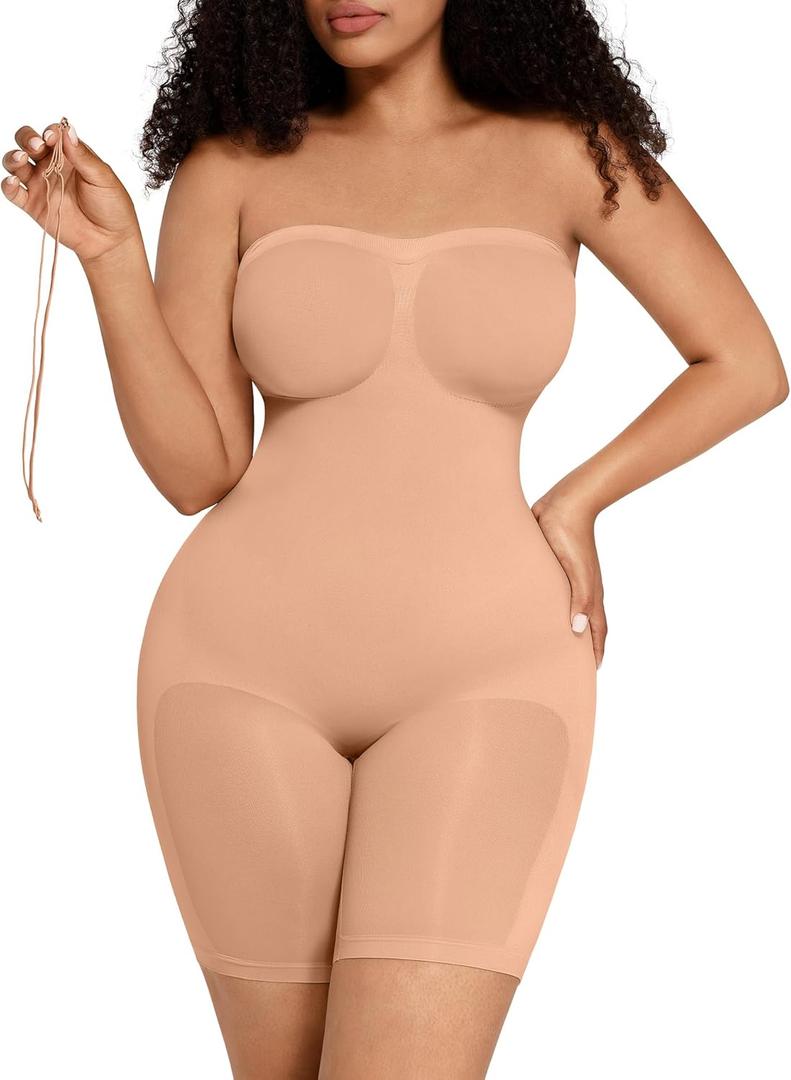 FeelinGirl Strapless Bodysuit for Women Tummy Control Shapewear Seamless Sculpt Body Shaper with Removable Straps (Medium, Skin)