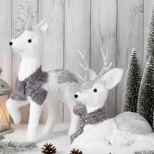 Set of 2 Silver Sisal Winter Reindeer Decor 14.5 Inch Glitter Winter Deer Figurines with Plush Scarf Woodland Animals Xmas Decorations Indoor Xmas Table Centerpiece Mantel Shelf Decor