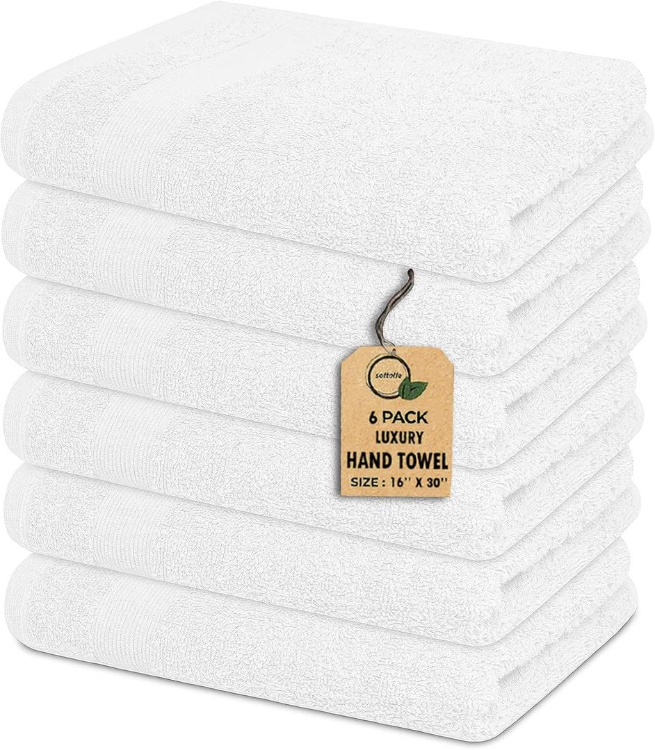 Premium Hand Towels Pack of 6 (16" x 30) 100% Combed Ring Spun Cotton | Highly Absorbent Hand Towels Set | Ultra Soft for Home, Gym & Spa (White)