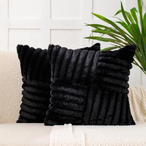 All Smiles Couch Decorative Throw Pillow Covers 18x18 Set of 2 Faux Fur Plush Soft Fluffy Velvet Cushion Case Cozy Fuzzy Striped Pillowcase Home Decor for Bed Sofa Living Room,Black