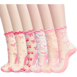 6 Pairs Bow Sheer Socks, Cute Ruffle Frilly Lace Socks for Women Girls Summer Thin Sock