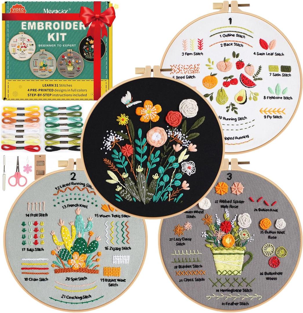 Meyocky Embroidery Kit for Beginners, 4 Pack Starter Embroidery Kits for Adults Learn 31 Stitches, Beginner Embroider Practice Stitches Kit,DIY Hand Craft Needlework Gift for Women (Multicolor)