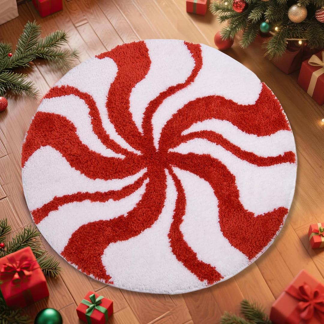 Bathroom Rugs, Candy Bath Mat Decor, Cute Round Mat Tufted Carpet Non Slip, Soft Floor Carpet for Living Room Bedroom, Holiday Doormat Room Decor Red Rug 40 Inch