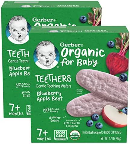 Gerber Organic for Baby Teethers, Blueberry Apple Beet, Gentle Teething Wafers, Non-GMO Ingredients, 12 Individually Wrapped 2-Packs Per Box, Best By: 11/30/25