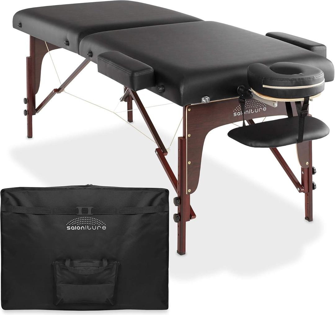Saloniture Professional Portable Lightweight Bi-Fold Memory Foam Massage Table with Reiki Panels - Includes Headrest, Face Cradle, Armrests and Carrying Case - Black