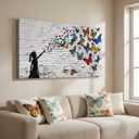 Canvas Wall Art Butterfly Girl - Modern Graffiti Paintings for Living Room, Bedroom Wall Decor, Framed Wall Art for Home or Office Decoration 48x24in