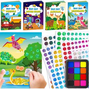 D-FantiX Dot Art Sticker Activity Book with Ink Pad, Mess-Free Finger Painting for Toddlers, Dinosaur, Animal, Outer Space, Vehicle Arts and Crafts, Kids Travel Activities