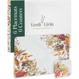 Cork Placemats Set of 6 Matching Coasters I Heat Resistant Place Mats for Dining Table 16" x 12", Cork Backed, Wipeable Autumn Fall Design